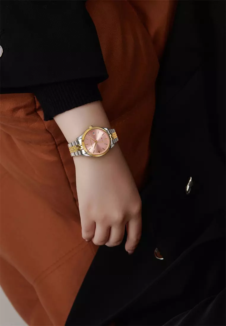 Women's Watch 32mm Pink Round Dial Stainless Steel Strap Calendar Function Rose Mary-Pink