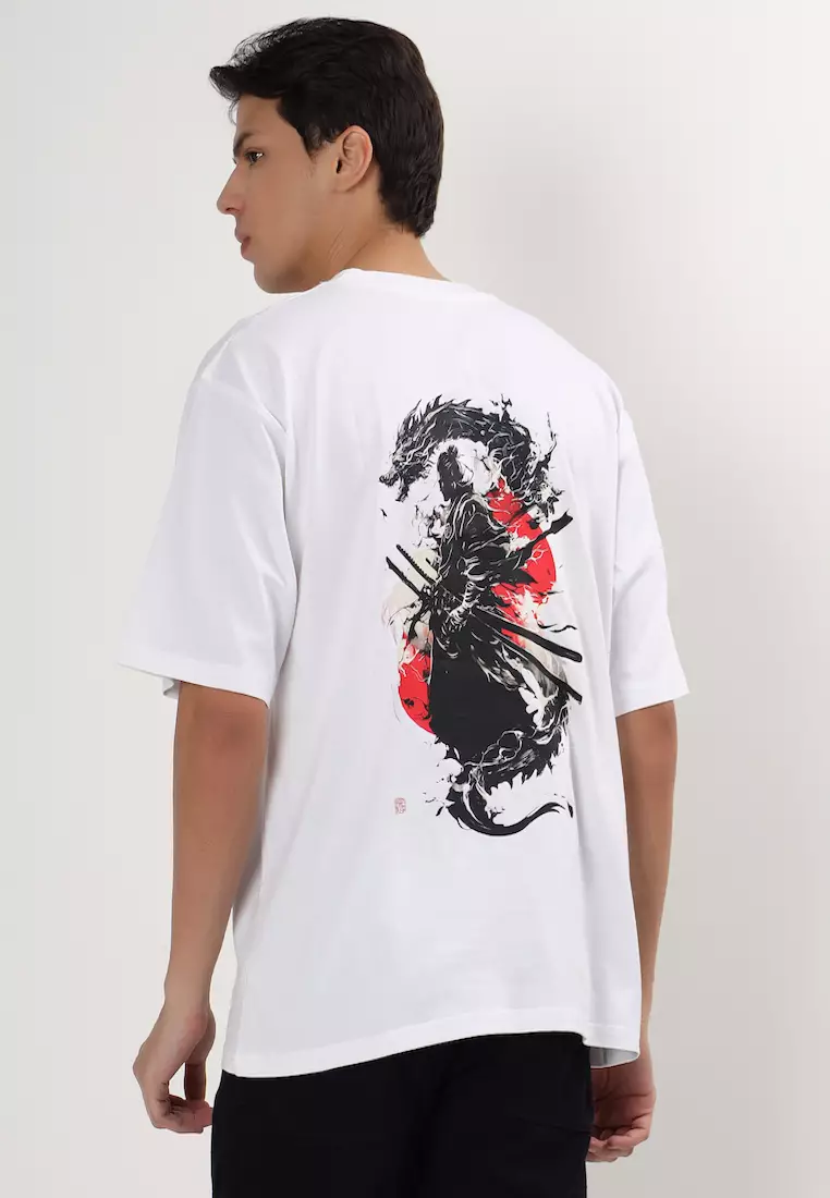 龙武士白色图案棉质宽松T恤/T恤，男士，圆领，短袖，街头潮流