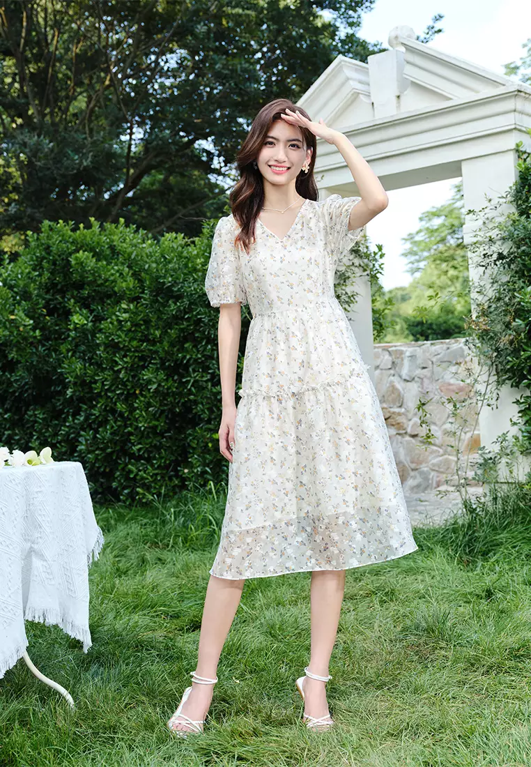 Summer Puff Sleeve A-Line Tiered Floral Dress