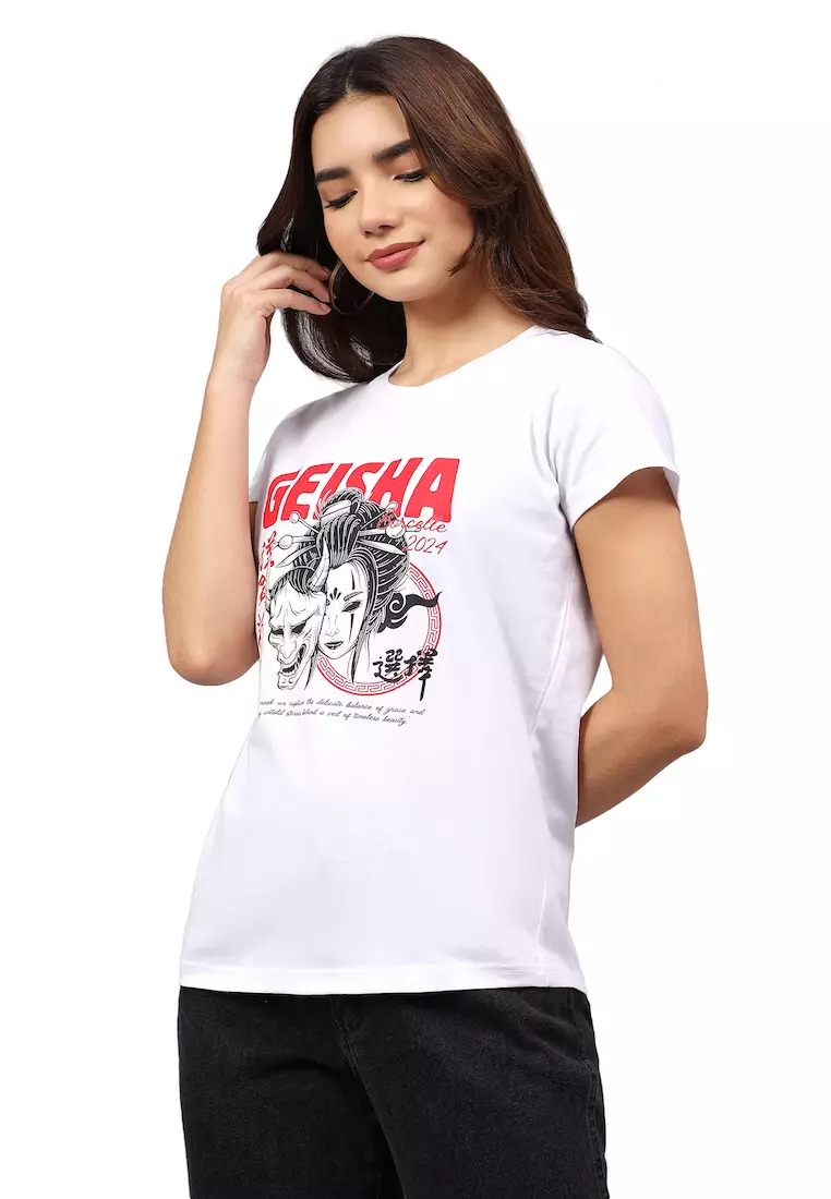 女款艺伎图案白色棉质常规版型T恤/T恤，短袖，圆领