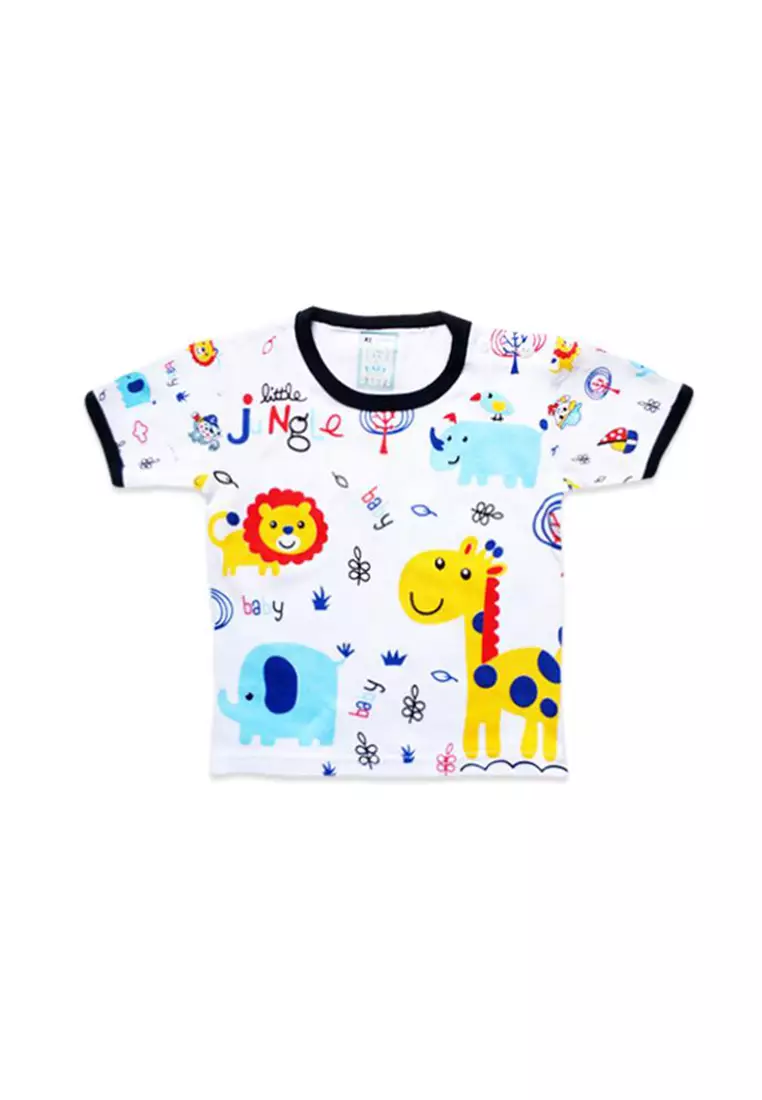 Skabe Pakaian Bayi Anak Laki Laki Baju Atasan Oblong Lengan Pendek Motif Little Jungle Setelan Celana Kaos Full Print All Size Baby Putih Untuk Usia 6 Bulan Hingga 12 Bulan 3112 Everyday