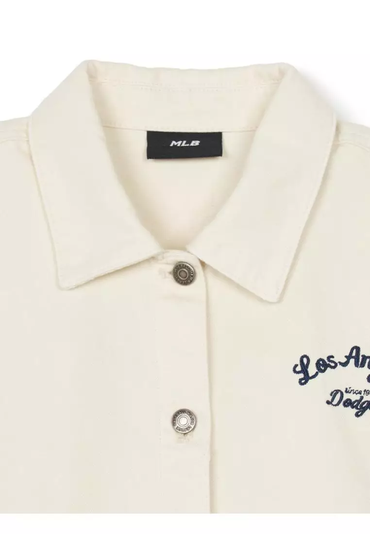 WOMEN'S VARSITY CURSIVE EMBROIDERY CROPPED DENIM SHIRTS LOS ANGELES DODGERS