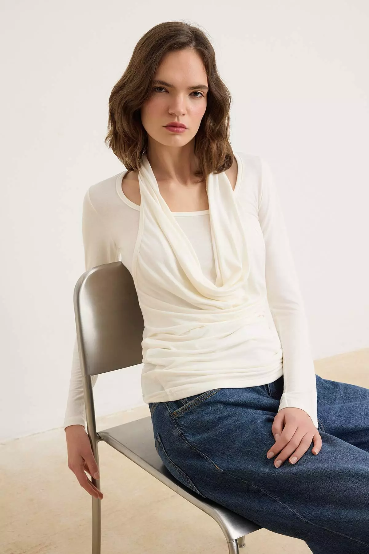 Ecru Regular/Normal Fit Halter Neck Tie-Detail Long Sleeve Soft Knitted Blouse Twoss26Bz764