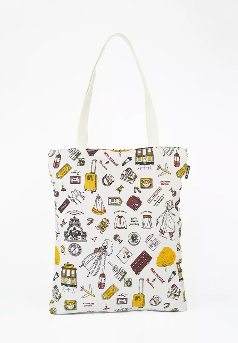 Tote Bag Bahan Kanvas Penutup Resleting Motif Travel