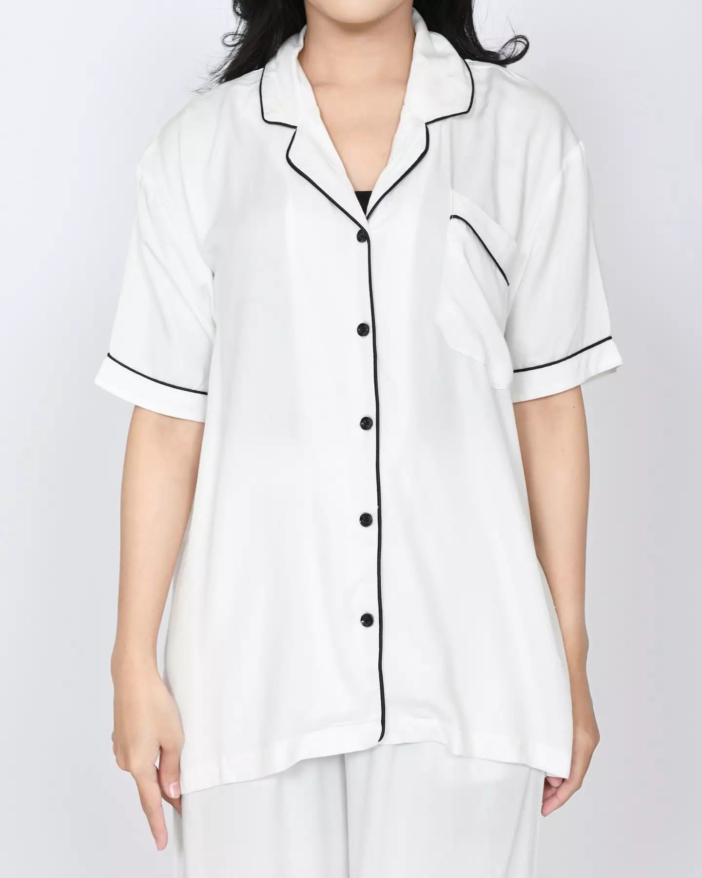 S/S COUPLE PIYAMA COTTON TENCEL Setelan Baju Tidur Pria Wanita PUTIH