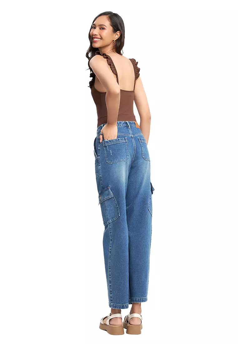 High Rise Denim Cargo Wide Leg Jeans