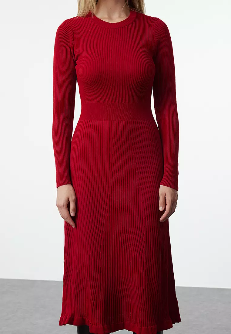 Red Midi Knitwear Dress Crew Neck