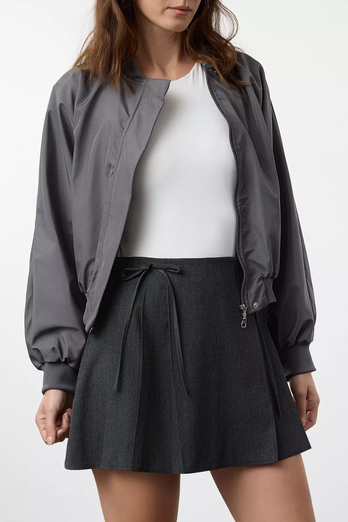 Dark Anthracite Pleated And Ribbon Detailed Mini Skirt Tedaw25Et00012