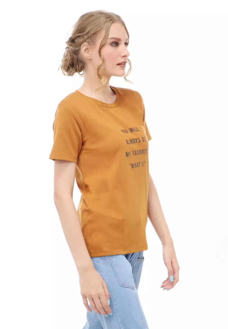 Genevie Kaos Kasual Wanita Lengan Pendek You Will Be Material Cotton ORIGINAL - Mustard