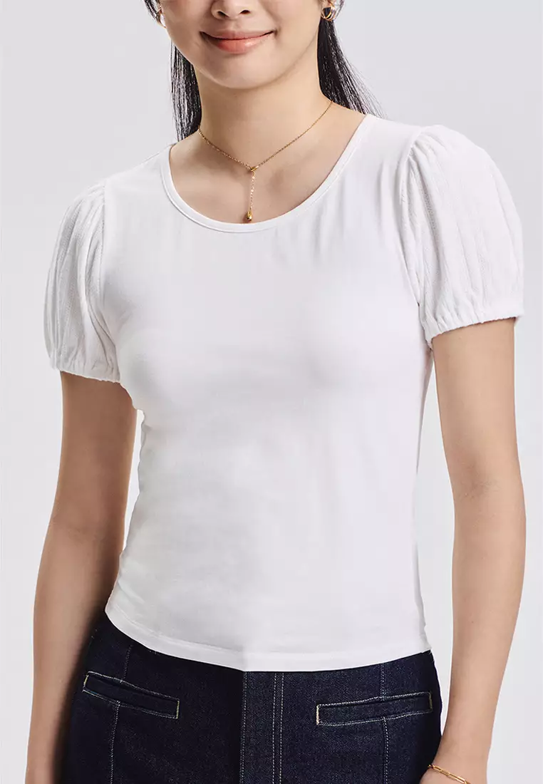 Cropped Pointelle Puff Sleeve Top