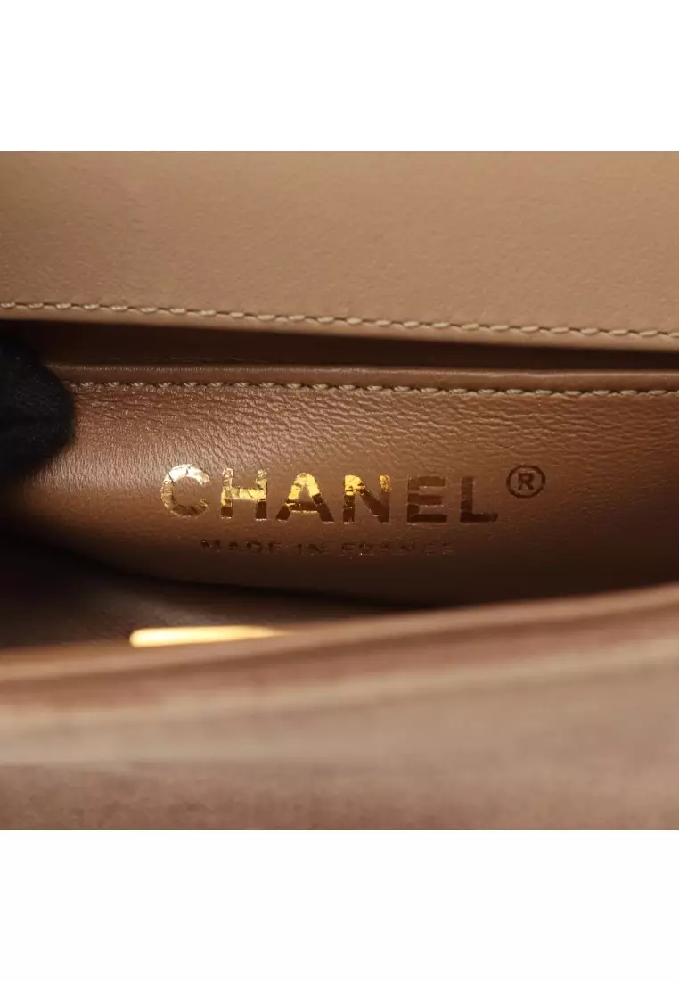 Pre-Loved Chanel boy chanel mini matelasse chain shoulder bag Velor Khaki brown gold hardware