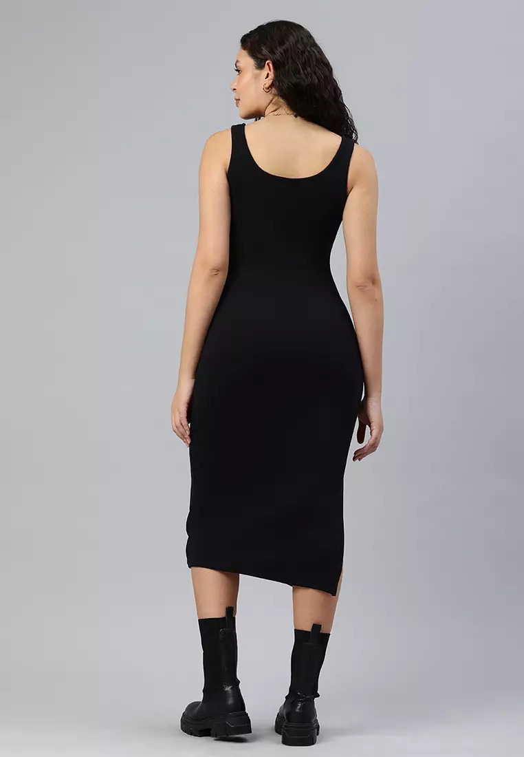 Ribbed Knit Slit Tank Dress In Black