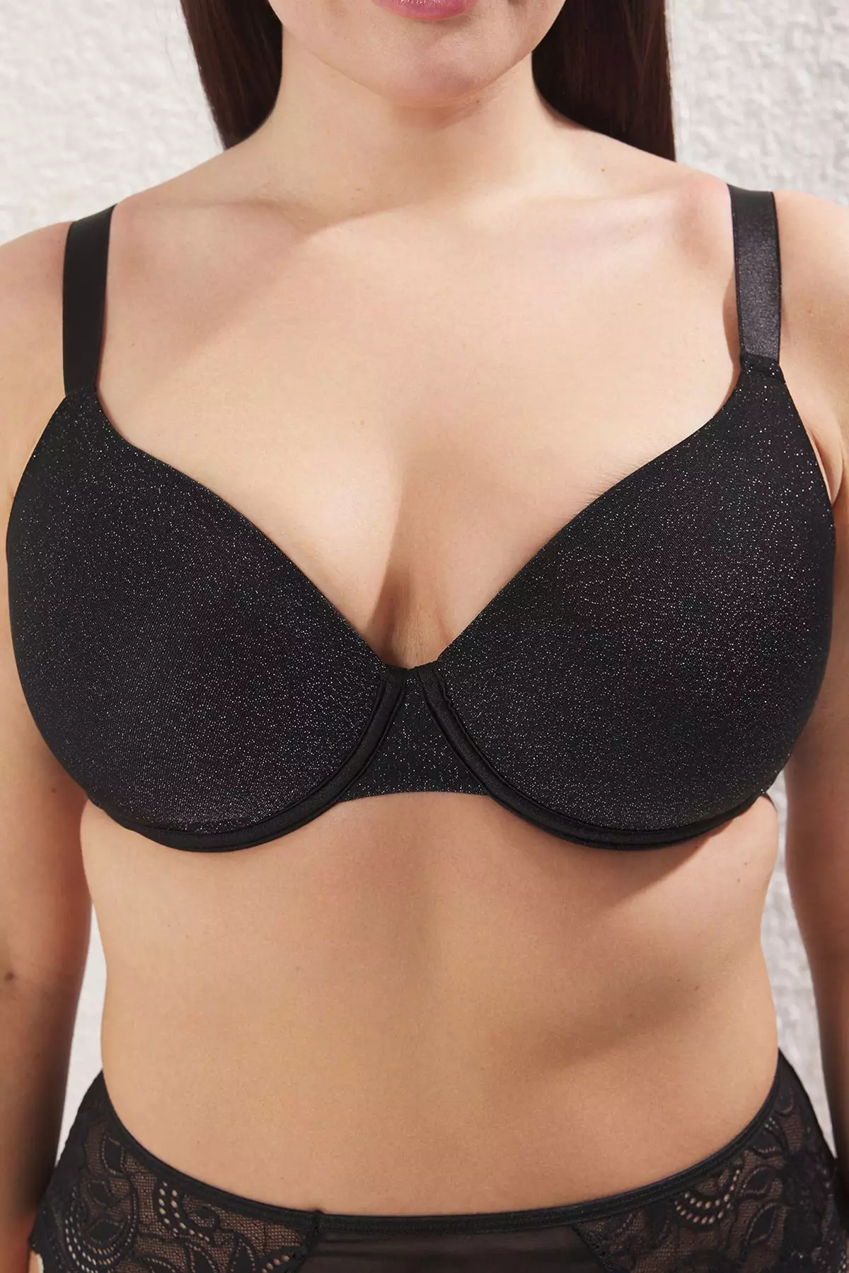 Black Thick Strap Covered Glittery Non-Padded Plus Size Bra