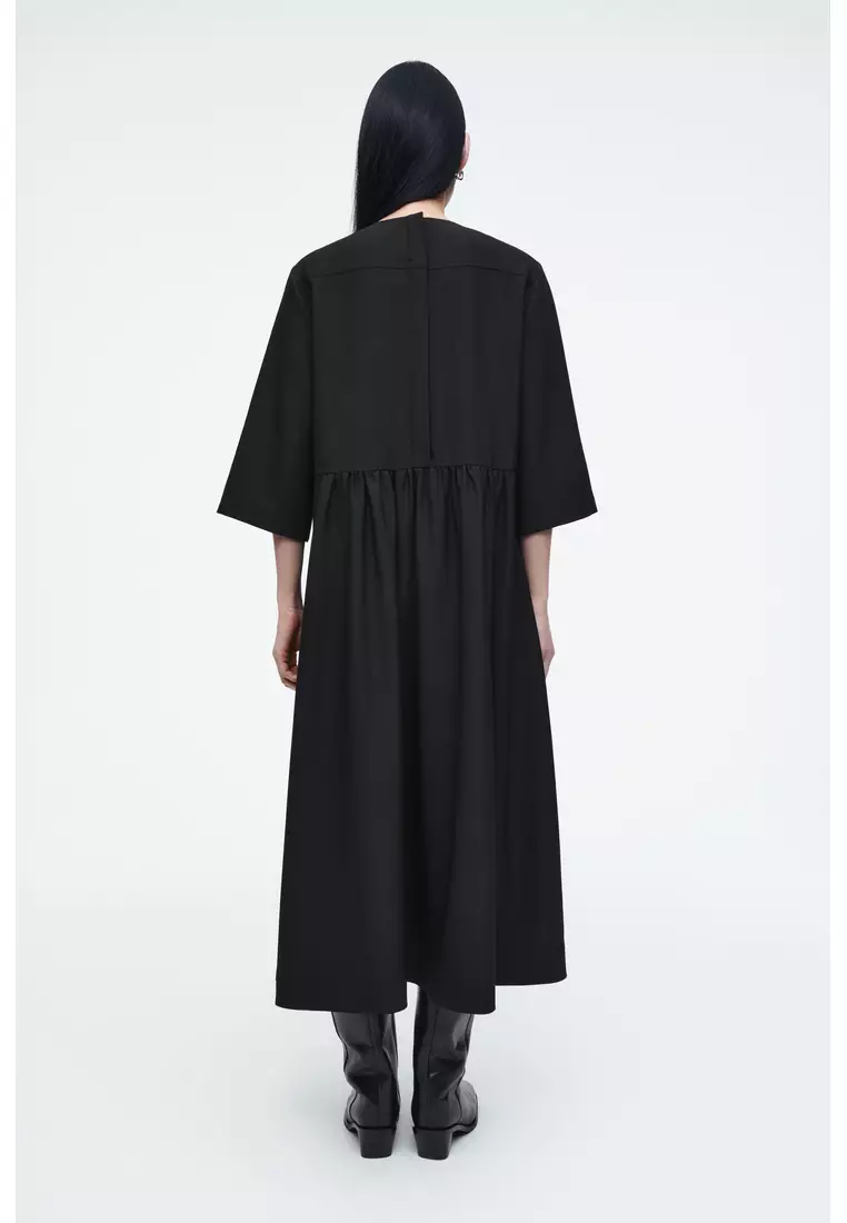 GATHERED WOOL-BLEND MIDI DRESS