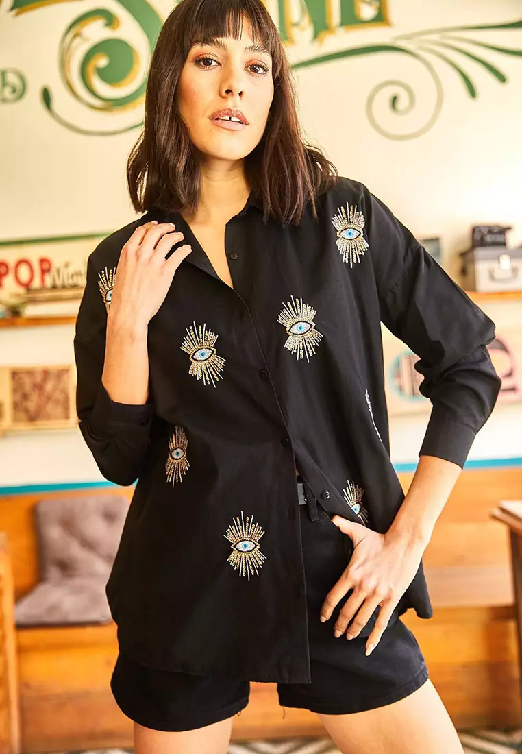 Cotton Sequin Boyfriend Shirt