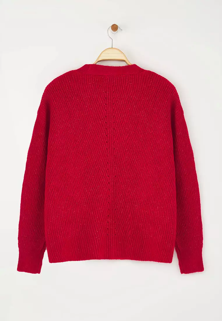 Red Wide Fit Soft Textured Pocket Detailed Knitwear Cardigan