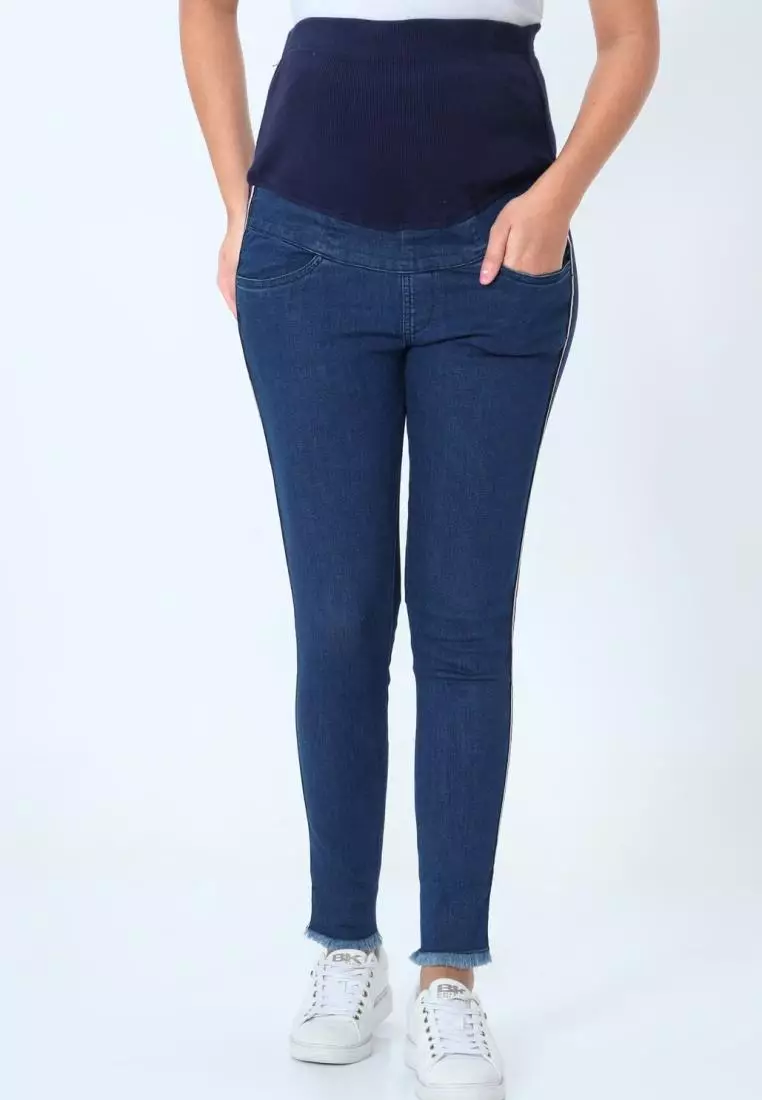 Distress Taped Maternity Denims with Belly Support-Blue
