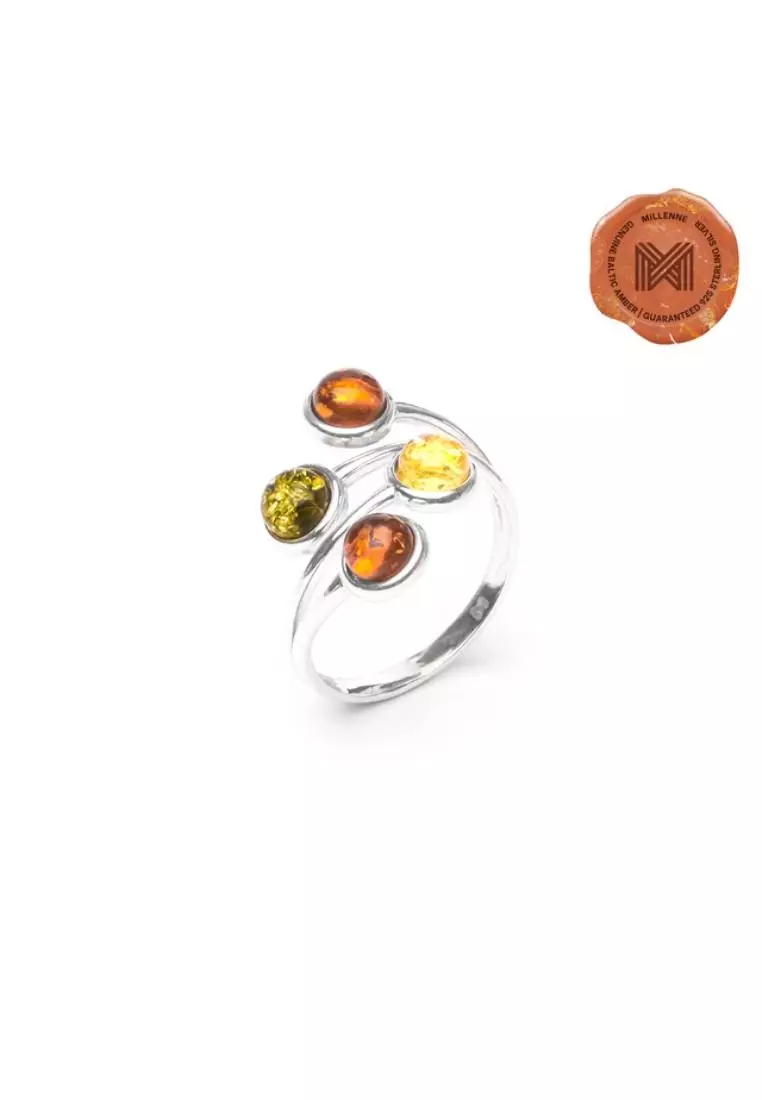 Multifaceted Baltic Amber Four Stone Statement Silver Ring with 925 Sterling Silver