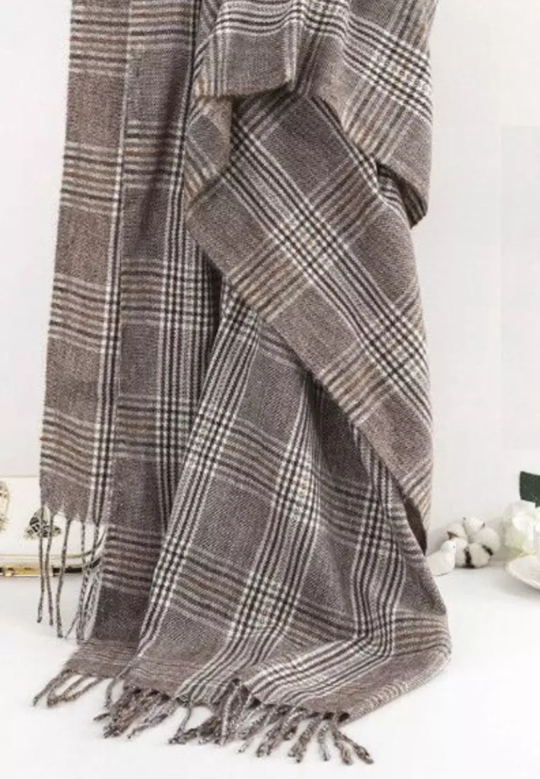 Aksesoris Pria Checked Plaid Cashmere Men's Shawl Syal Pria Taupe Brown