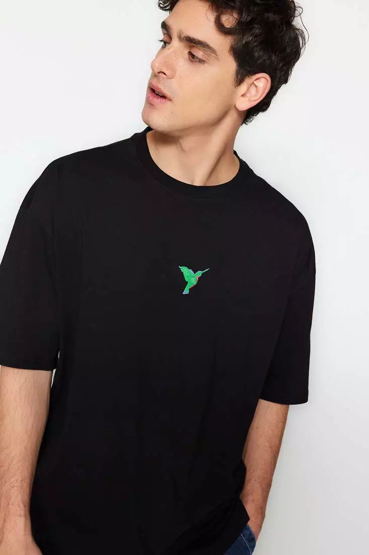 Hollister T-Shirt Mens L Black Cotton Short Sleeve Crew Neck Bird Logo Tee