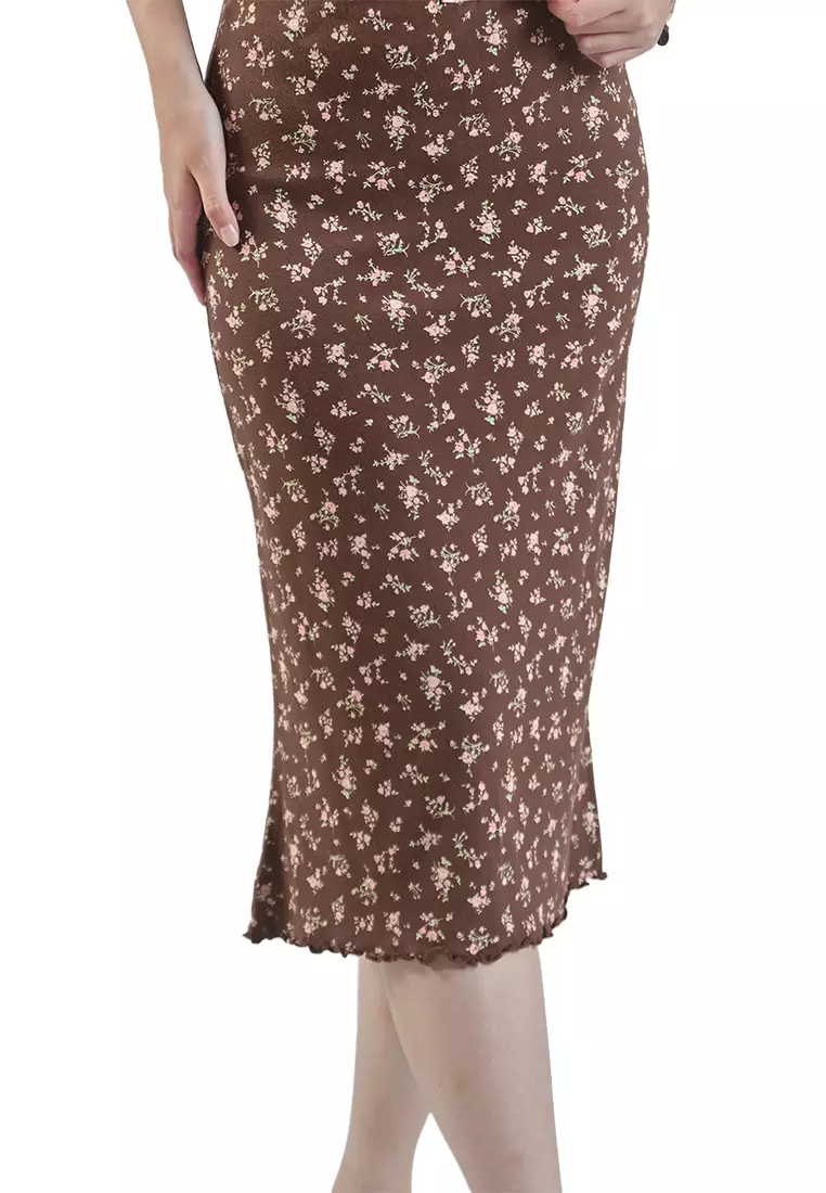 Ditsy Floral Print Pointelle Jersey Mermaid Midi Skirt W/ Bow And Lace Details