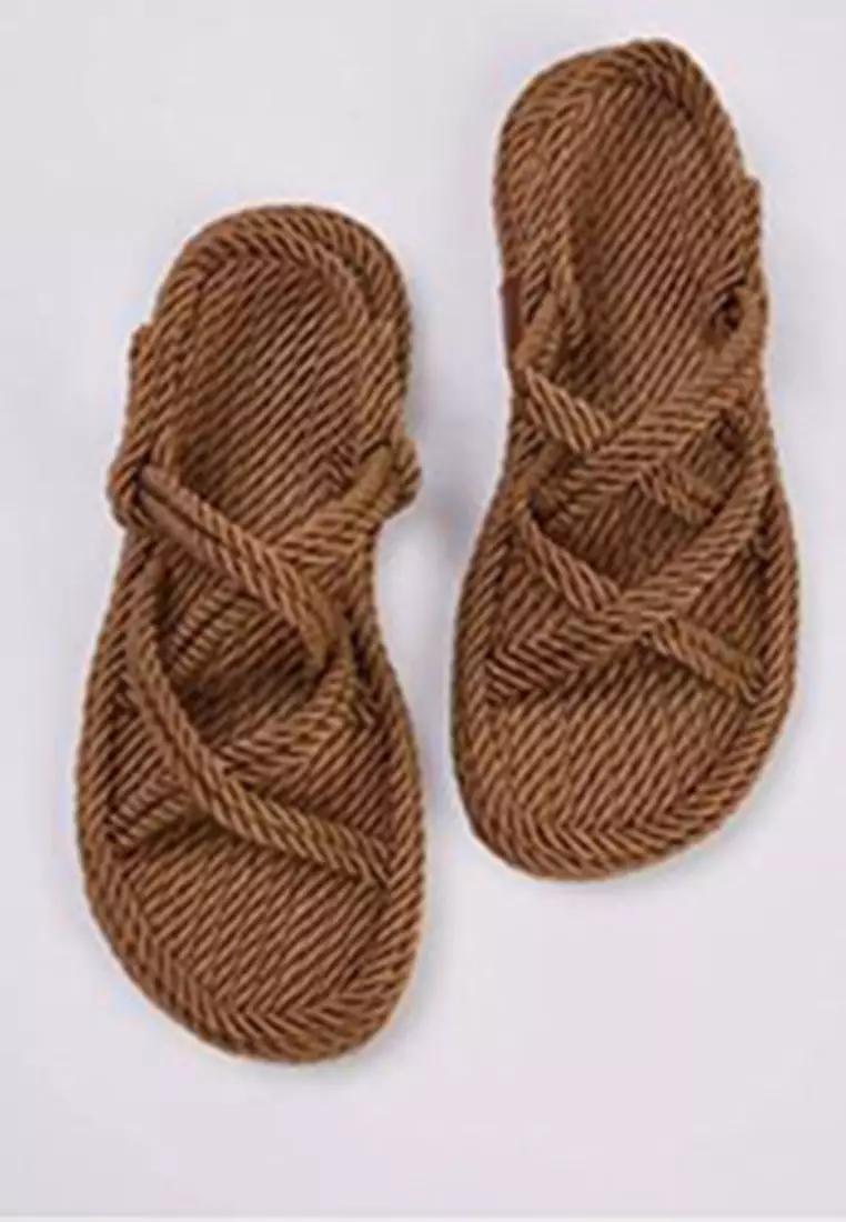 Brown Cross Strap Rope Drawstring Women's Straw Sandals Takss25Sd00056