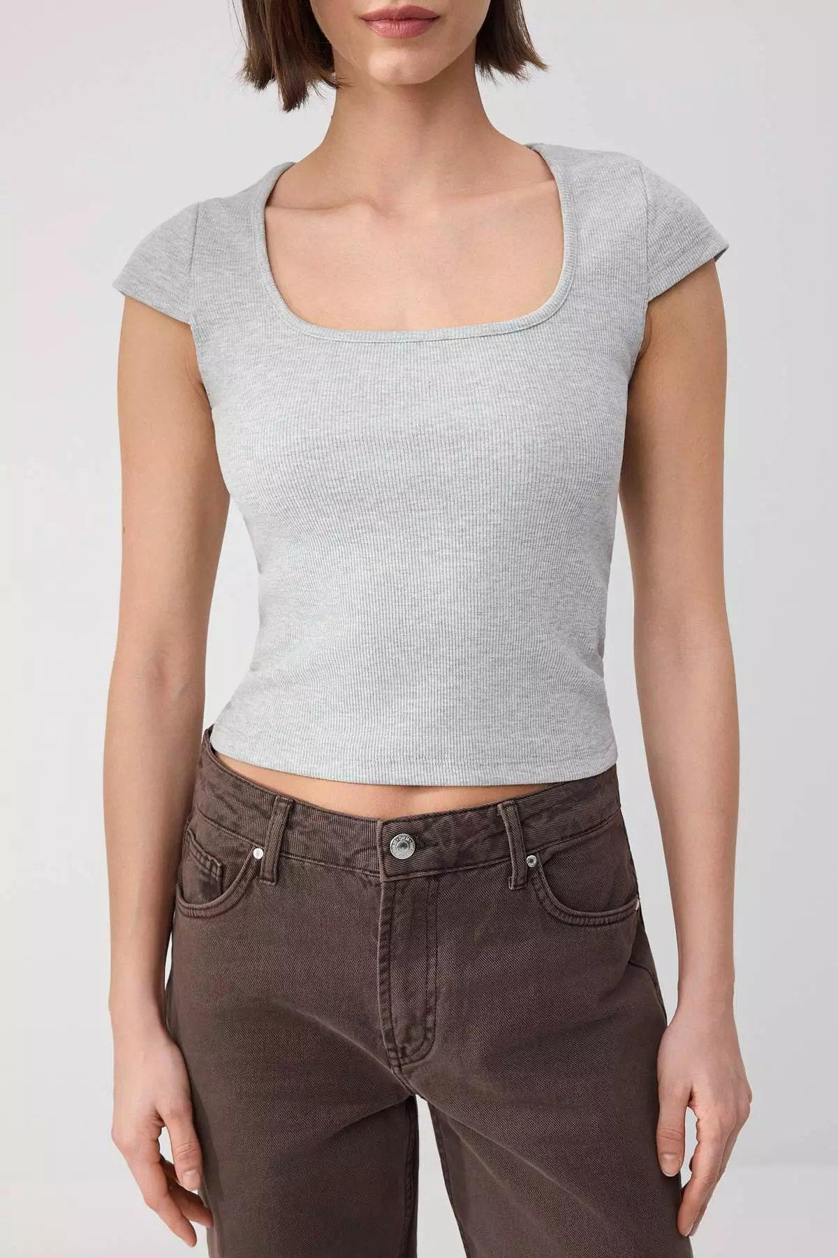 Wardrobe Essentials-Wardrope Essentials Gray Melange Fitted Crop Stretchy Knitted Blouse Twoss26Bz155