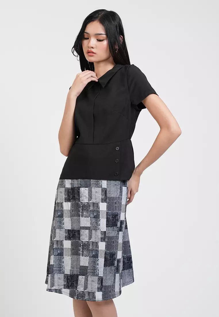 Mary Jane Geometric Print Collared A-Line Dress