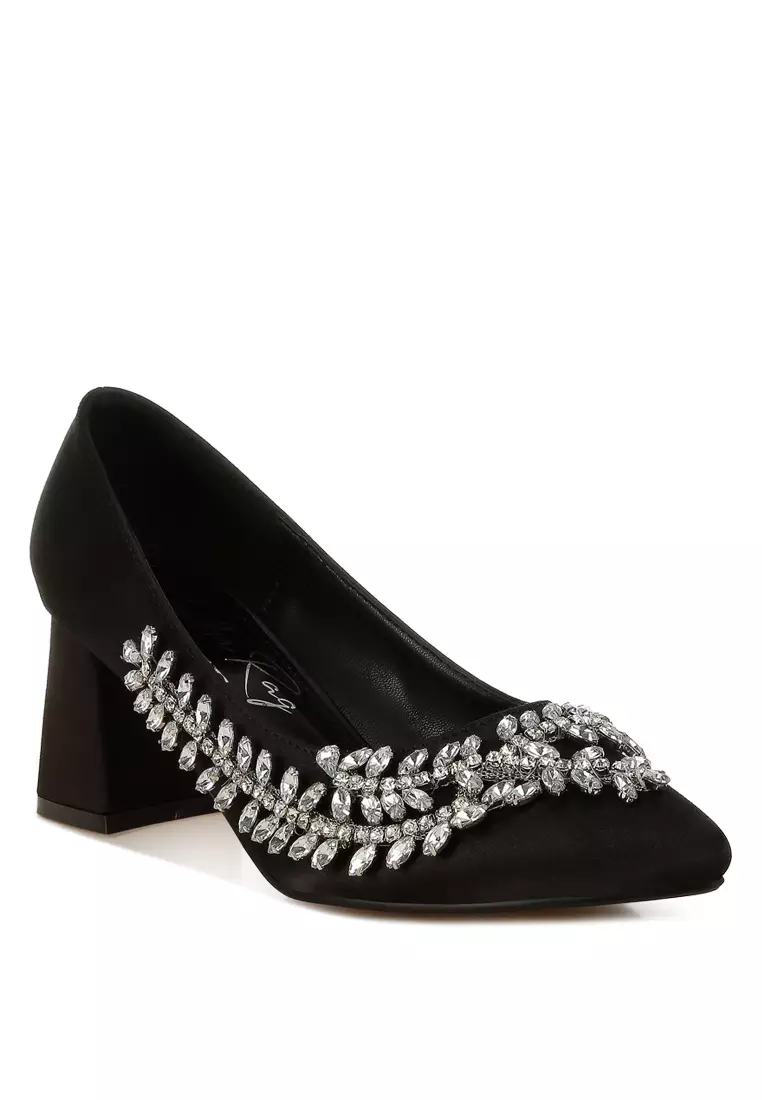 Satin Diamante Embellished Pumps in Black