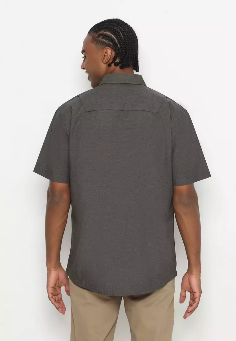 POLICE Kemeja Polos Cotton Twill Slub Hijau Tua Regular Fit Pria