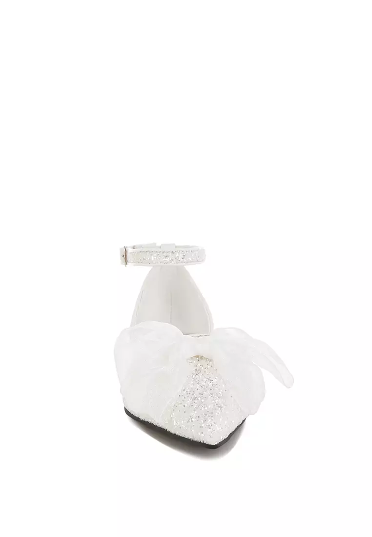 Sheer Bow Detail Glitter Flat Sandals in White
