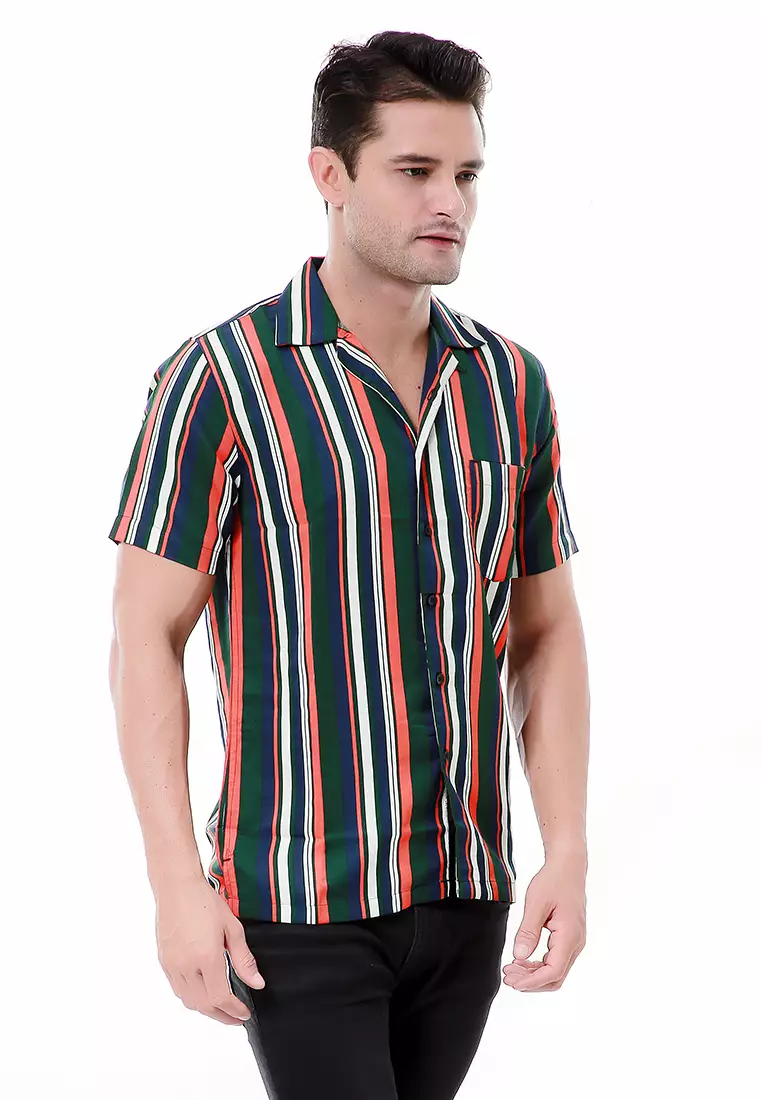 Leopold Atasan Pria Kemeja Motif Salur Lengan Pendek Material Cotton ORIGINAL - Green Orange