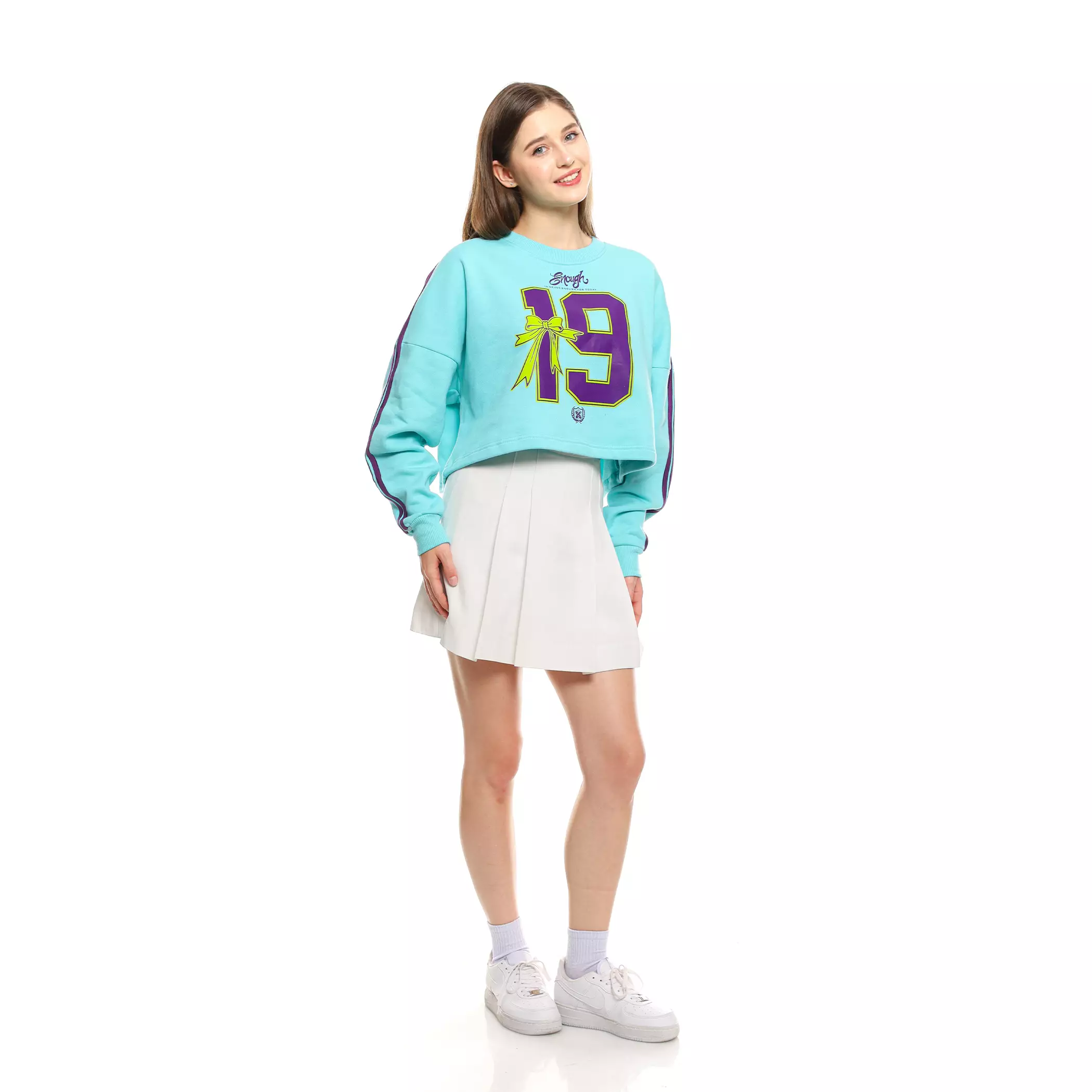 Enough For Today - Sweater Crop Oversize Crewneck Wanita Coquette 19 Skyblue Korea Variasi Garis