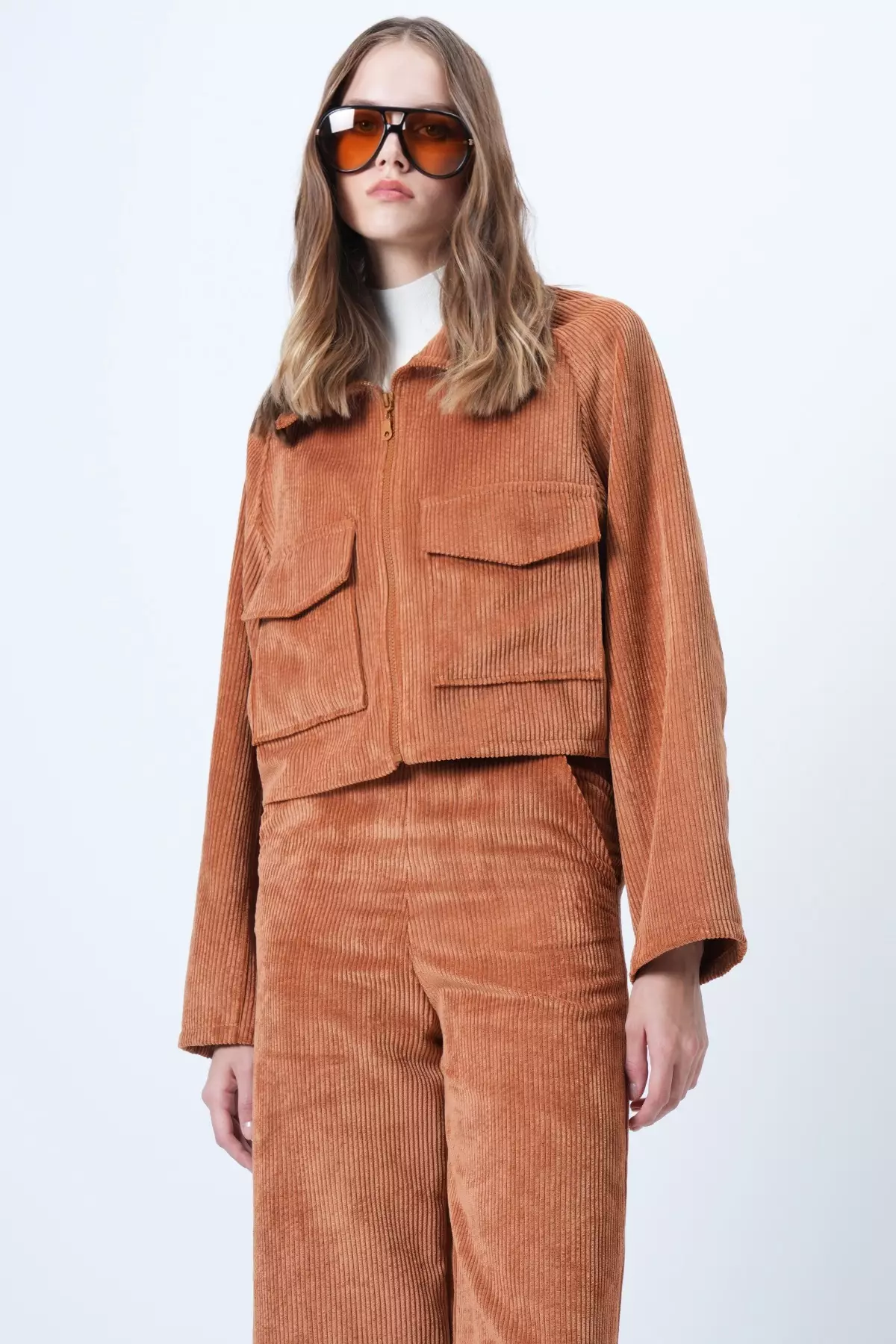 Women'S Tan Double Pocket Raglan Sleeve Velvet Jacket Alc-X14604
