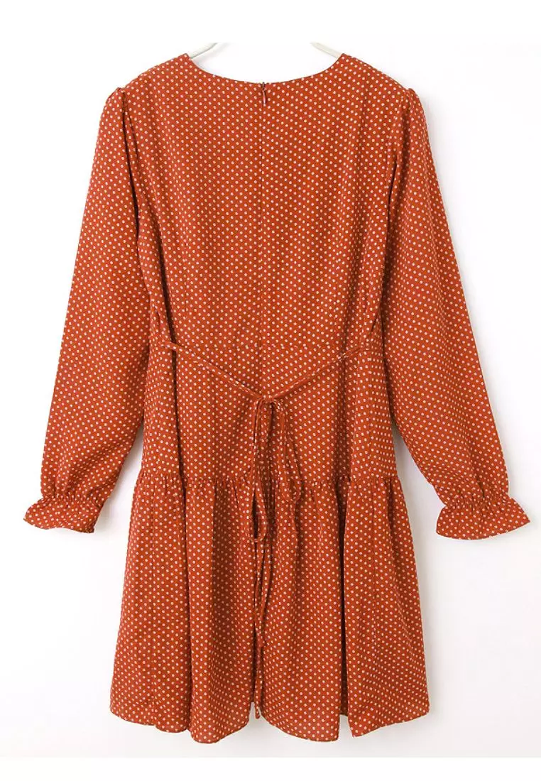 KITTY拿鐵咖啡系列．咖啡豆圓點印花後綁帶雪紡洋裝《KB1404》