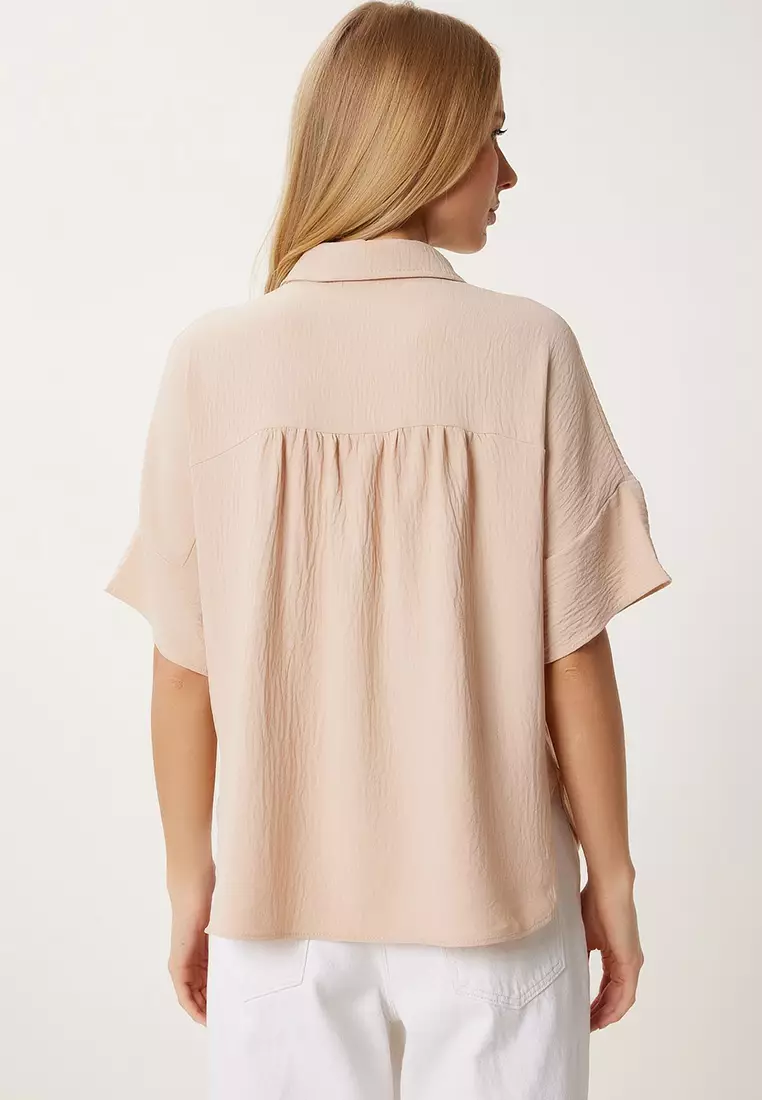 Women's Beige Wrinkled Effect Pocket Woven Blouse Mx00193