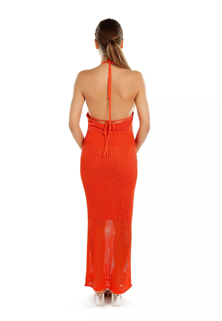 Halter Neck Backless Dress in Orange