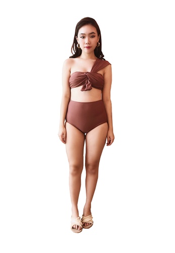 PINK N' PROPER brown Phylonoe Toga Bandeau Retro High-Waist Bikini Set in Caramel Brown C9FFBUS10C6869GS_1