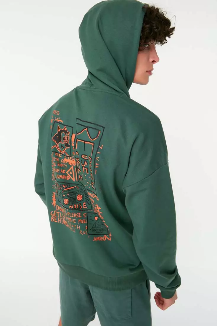 Green Men's Oversize/Wide-Fit Hoodie with Printed Back Sweatshirts
