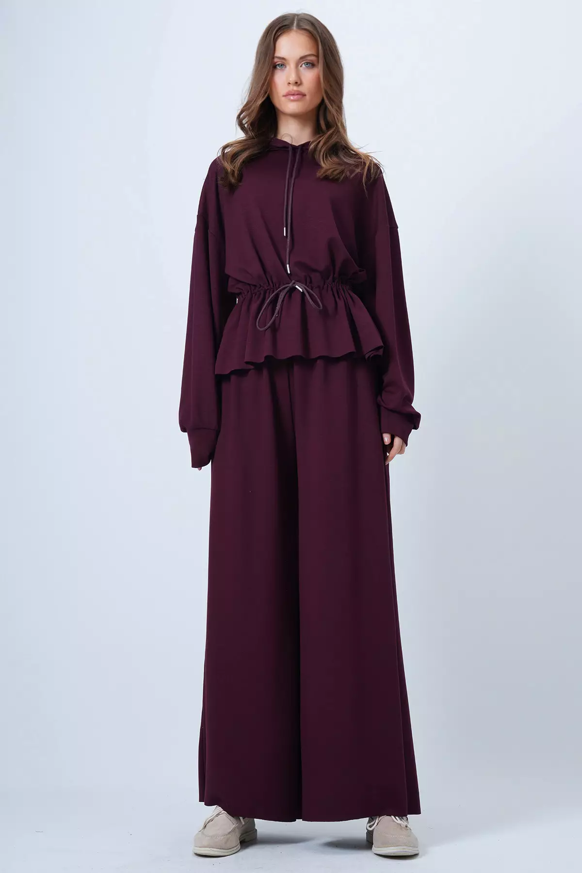 Burgundy Hooded Drawstring Waist Modal Blouse And Pants Set Alc-X14668