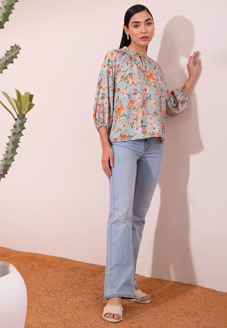 Blue Floral Raglan Sleeve Neck Tie Blouse