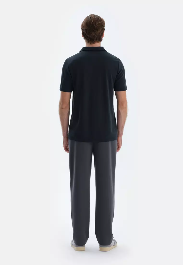Black T-Shirt, Polo Neck, Regular, Short Sleeve Loungewear for Men