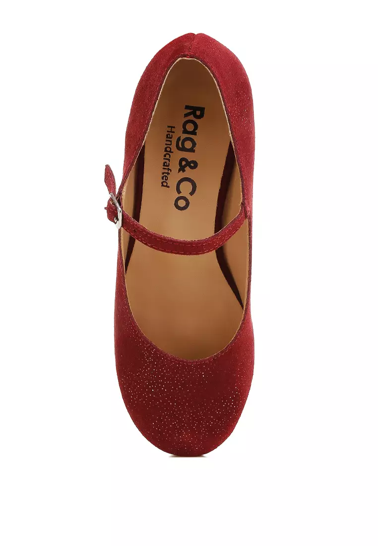 Sandal Mary Jane Suede Berkilau Merah