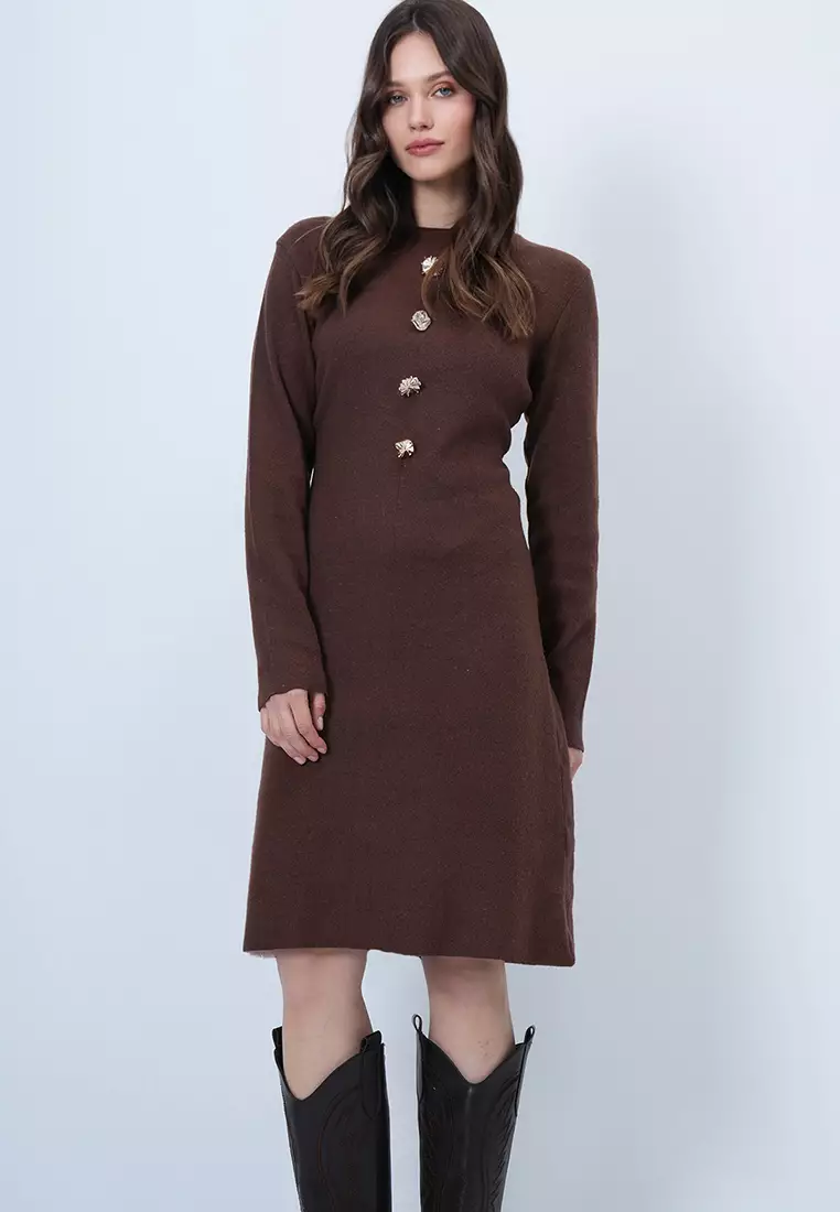 Crew Neck Button Detailed Midi Length Knitwear Dress