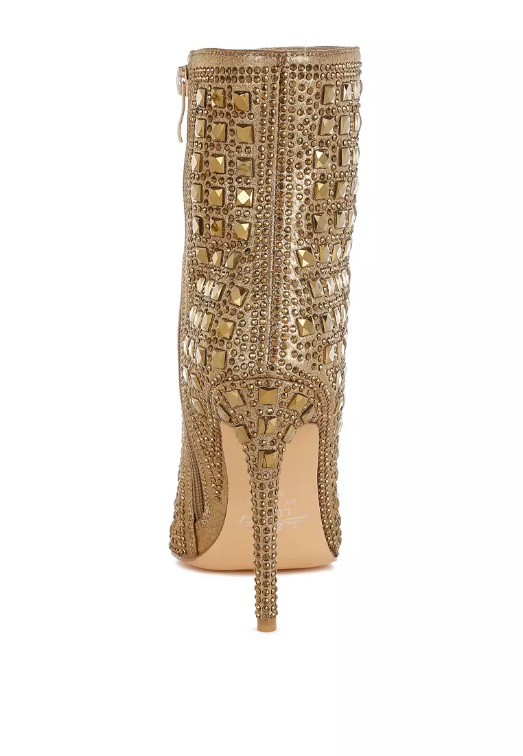 Pointed Toe Rhinestones Stiletto Boots in Gold
