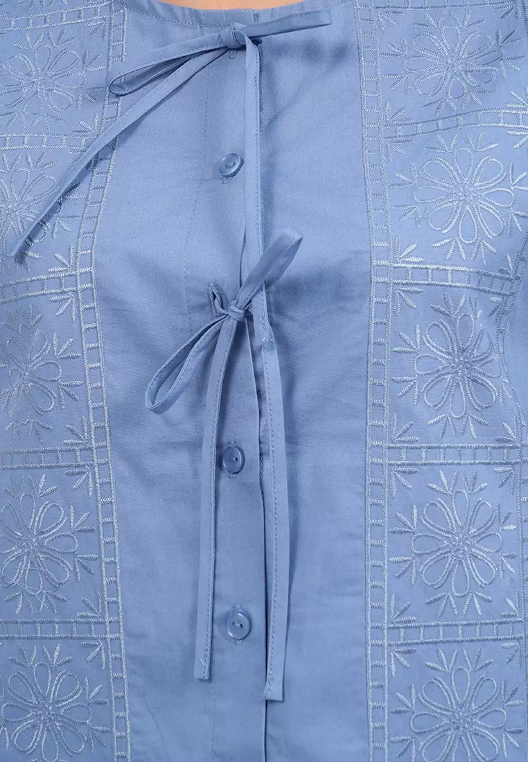 Tied Front Short Sleeve Blouse LT. BLUE