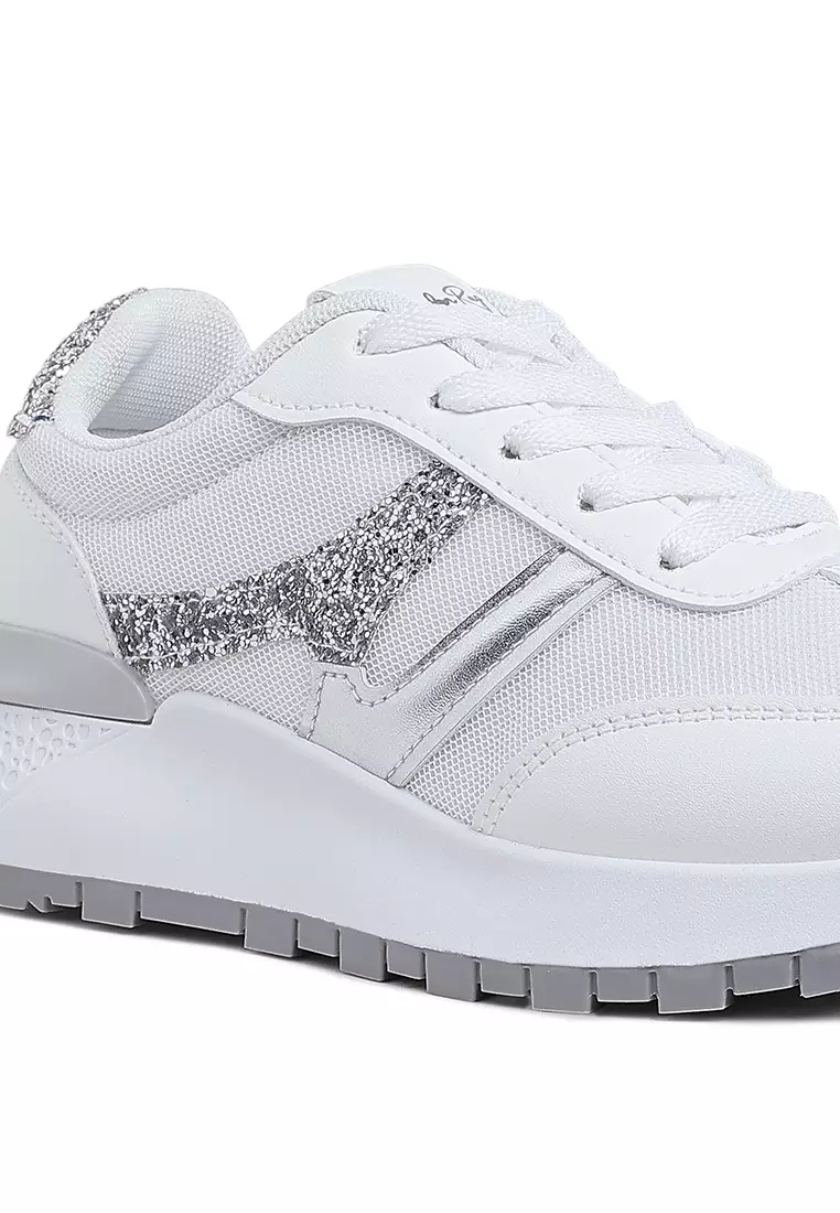 Glitter Detail Chunky Sneakers in White & Silver