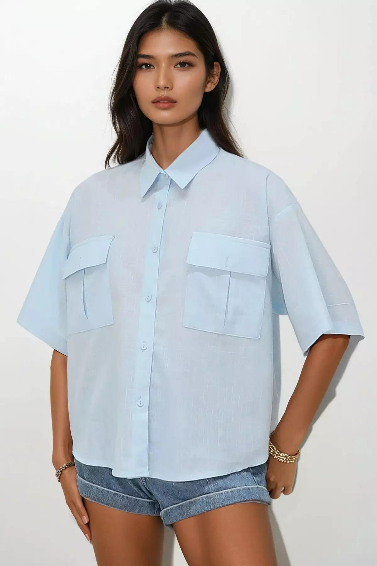 Women's Baby Blue Double Pocket Half Sleeve Linen Shirt Alc-X9991