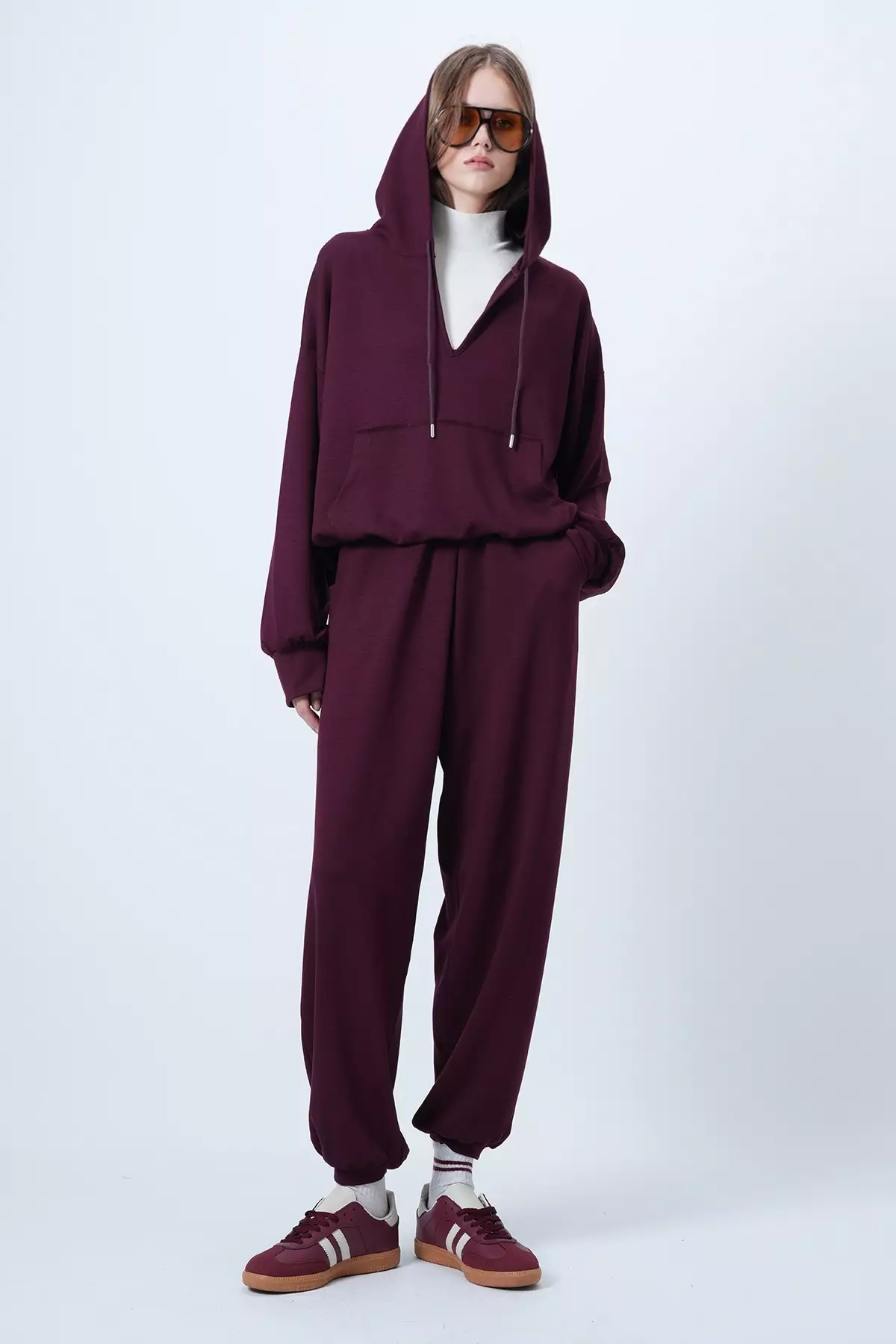Burgundy Hooded V-Neck Oversize Modal Sweatshirt And Trousers Set Alc-X14646