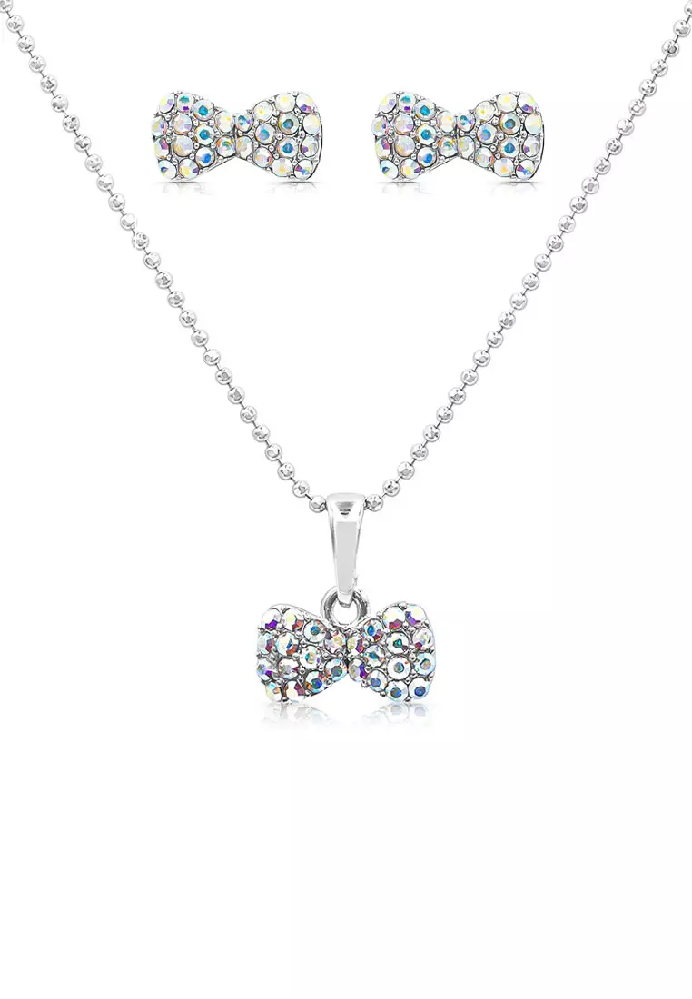 SO SEOUL Graceful Ribbon Bow Aurore Boreale Crystal Pierced Stud Earrings with Pendant Chain Necklace Jewelry Gift Set